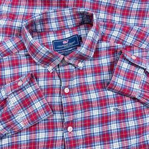 Vineyard Vines Flannel Shirt‎ Men Large Red Plaid Button Up Whale Shirt Classic